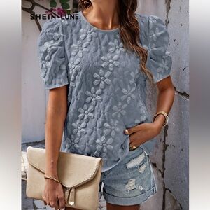 SHEIN Slate Blue Floral Embossed Blouse